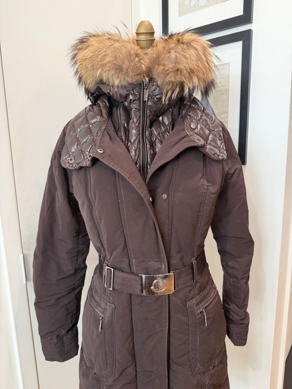 Moncler Brown Quilted Belted Trench Coat with Fur Trim Hood - Picture 3 of 9